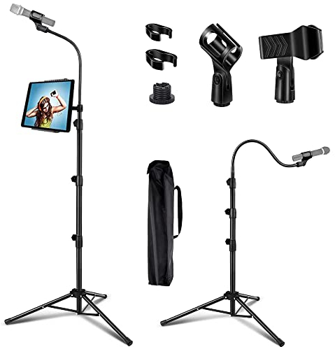 LIUGAST – Support de microphone portable avec support de téléphone, trépied à col de cygne réglable de 0,9 à 1,8 m, 2 clips de micro standard, noir