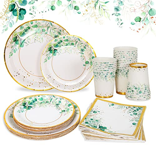 96 Pieces Vaisselle Jetable Vert Or, Couvert ,Assiette Carton Gobelet et Serviette Papier four Decoration Anniversaire Baby Shower Mariage