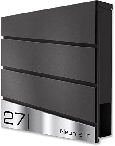 Metzler Briefkasten in DB703 Eisenglimmer Neumann - Wandbriefkasten inkl. Zeitungsfach - Namensschild aus V2A Edelstahl - Postkasten, Größe: 37 x 37 x 10,5 cm