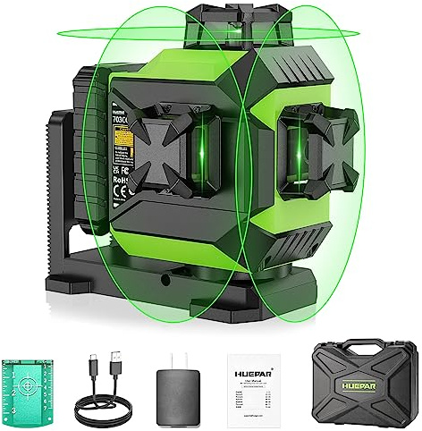 Huepar Laser Level 3 x 360 Self-Leveling Cross Line Laser 3D Green Laser Level with Pulse Mode Alignment Laser Tool with Rechargeable Li-ion Battery, Integrated Magnetic Bracket, Hard Carry Case 703CG