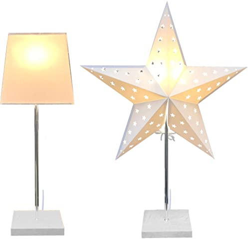 Seasonals 2in1 Leuchte Dual, ein Standfuß und 2 wechselbare Schirme, Lampe 17x51cm & Stern 45x64cm, creme/weiss, Edelstahl-Ständer mit Holzfuss, E14 Fassung und Schalter, 180 cm Zuleitung