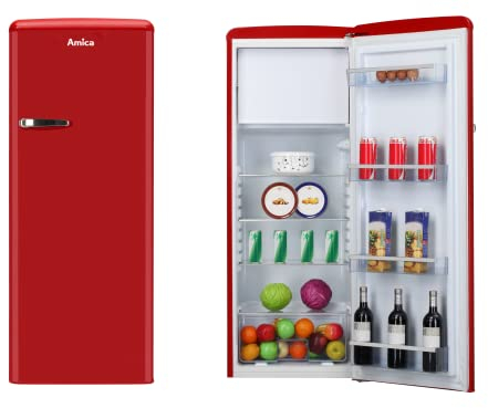 Amica KSR 364 150 R Retro Kühlschrank/Rot /218 L/Gemüseschublade/LED-Beleuchtung/Gefrierfach