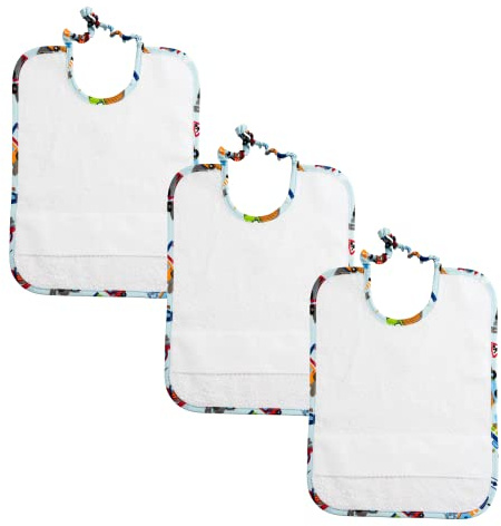 Filet - Set 3 Bavaglini Asilo con Elastico | materiale di alta qualità in spugna bianca con Tela Aida da ricamare | Bordo con stampa Macchinine | Realizzato in Italia