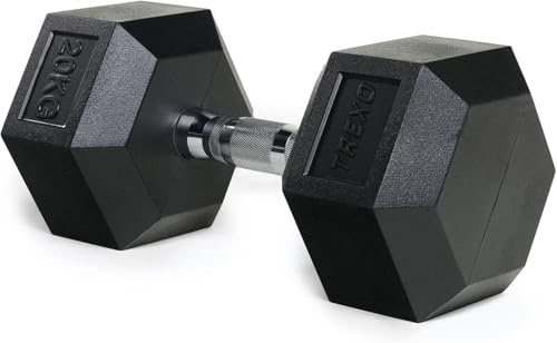 TREXO Hantel 20 kg hexagon hållbar gummerat gjutjärn för styrketräning hemma med ergonomiskt handtag stabil och mångsidig hantel hex HXD200