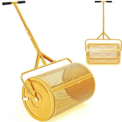 Hiboom Esparcidor de abono de turba para jardín, tierra superior, tierra, esparcidor de gotas de semillas con mango ajustable en forma de T, esparcidor de malla de metal ligero para patio (dorado,