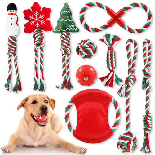 Kapetgo 10-pack jul- och hundleksaksset, julklappar, husdjursleksaker för valp, hund tuggleksaker med repbollleksaker, interaktiva hundleksaker och pipig leksak för liten medium hund