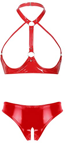 Choomomo Ensemble Femme Coquine Soutien-Gorge Sein Nu & Sexy String Fendu Noir Dentelle String Brésilien Ouvert Floral Nuisette Lingerie Coquine S-4XL Rouge H S