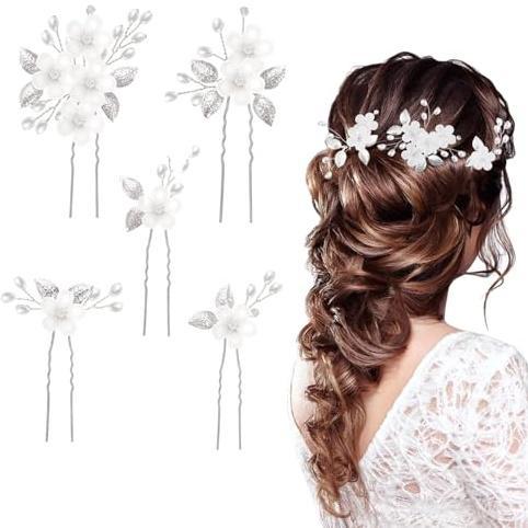 xlwen 5 Stück Hochzeitshaarschmuck, Perfekt für die Braut, Brautjungfer oder das Blumenmädchen. Silber, Metall, Frauen bei Hochzeiten, Frauen, Weiblich