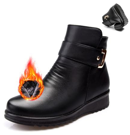 MAOAEAD Botas ortopédicas de lana de cuero genuino con hebilla de metal para mujer, botas de tobillo y botines de terciopelo antideslizantes para invierno, Forro de terciopelo negro, 36 EU