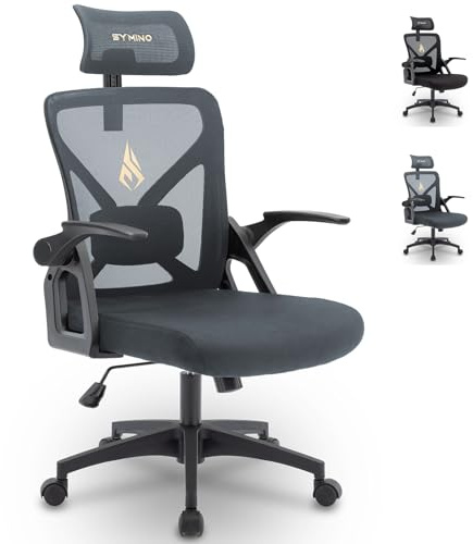 Symino Bürostuhl, Schreibtischstuhl, Drehstuhl Ergonomischer mit Verstellbarer Kopfstütze, Armlehnen, Lordosenstütze, drehbare Wippfunktion, Netzstuhl, rückenschonend, Bürostuhl 150 kg,Grau