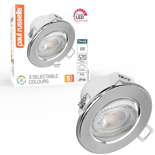paul russells LED Dimmable Recessed Tilt Downlight, 6Watt 570LM, Warm/Cool/Day White 3 Adjustable CCT, IP44, Round Spotlight for Kitchen, Living, Hall & Bathroom Ceiling Light, 1 Pack (Chrome)