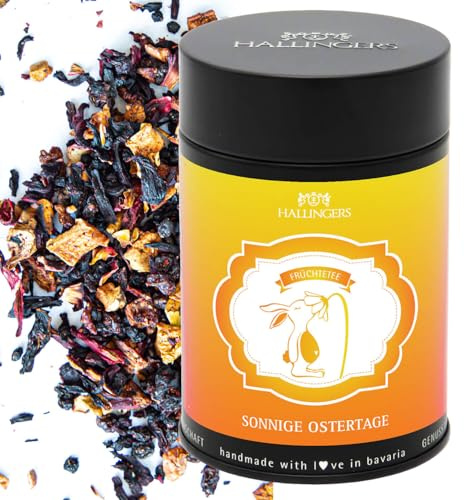 Hallingers Genuss Manufaktur Früchtetee Oster-Geschenk - loser Früchte-Tee wertige Geschenk-Dose Sonnige Ostertage mit Hibiskus, Apfel & Beeren, Ostern Körbchen für Frauen Männer