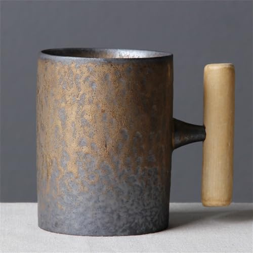 IYUEKE Japanese Vintage Tea Cup Ceramic Coffee Mug Water Tumbler with Wooden Handle for Home and Office (Grey B)