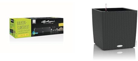 Lechuza BALCONERA Starter Set (1x BALCONERA Cottage 80 Granit + 1 x Balkonkastenhalter schwarz + 12 L PON (gratis PON)) & Cube Cottage 30 Granit 15372