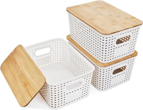 APOMOONS 3 Pack Storage Box with Bamboo Lid Bathroom 5L Basket Plastic Box White 25x18x10cm Lidded Stacking Boxes Bathroom Kitchen Storage Boxes Rattan Organiser Box for Shelf Cabinets Cabinet