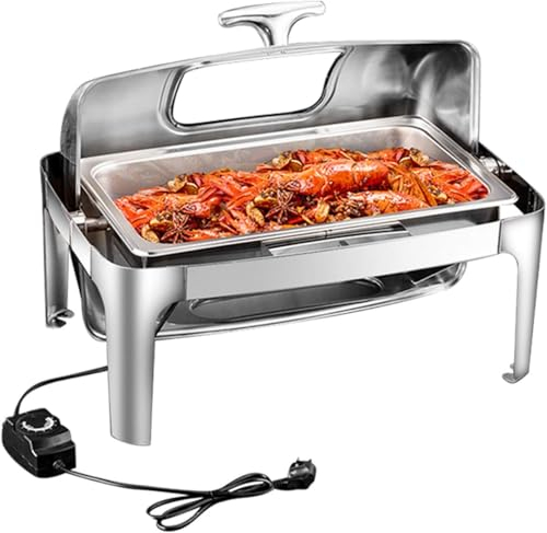 X&Z-XAOY Chafing Dish Eléctrico Calientaplatos De Acero Inoxidable con Tapa Enrollable Y Bandeja para Alimentos Bandeja Rectangular para Calentar Alimentos,9L(Full)