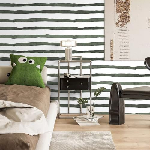 FENTIS Carta da Parati Autoadesiva Verde Scuro a Strisce Larghe Bianca con Retro Adesivo in Plastica Vinilica Adesiva da Parete per Armadio da Cucina, Piano di Lavoro, Impermeabile 44,5x500cm