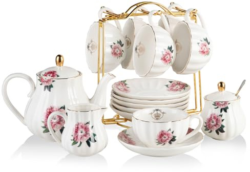 Sweejar Home Porzellan-Teeset, britische Royal-Serie, Tassen und Untertasse, Service für 6 Personen, mit Teekanne, Sahnekrug, Teelöffel und Teesieb, geeignet für hohen Tee, Hochzeit, Party (rosa)