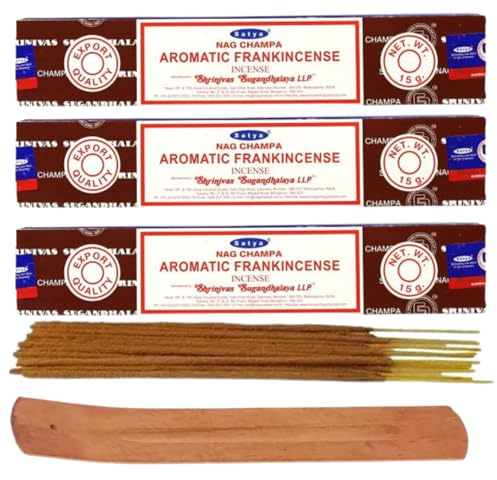 Satya Aromatic Frankincense Nag Champa Incense Sticks Pack of 3 X 15G with Free Holder Agarbatti for Home, Outdoor, Aromatherapy, Spa, Yoga, Meditation, Healing