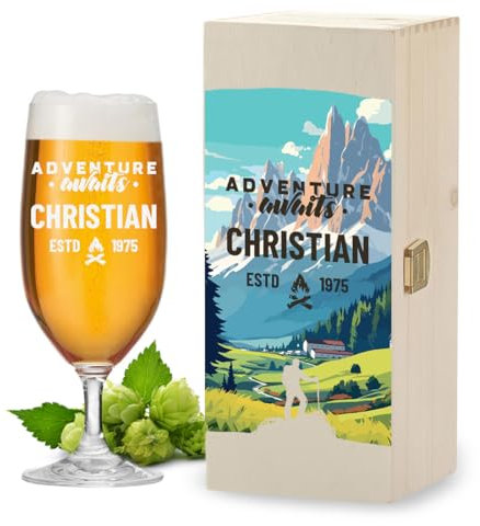 polar-effekt Leonardo Pilstulpe 0,3 L mit Gravur & Holzkiste mit Druck - Geschenk-Set mit Namen - Ideal für Männer zum Geburtstag - Bierglas für Pils, Lager und Export