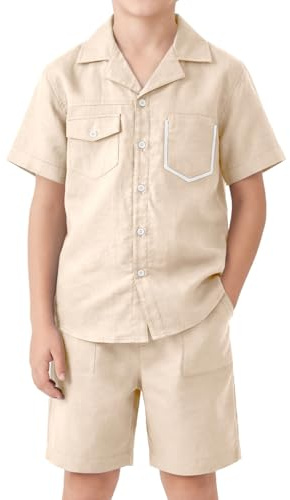 LOLANTA Pojkar linne shorts set, barn kortärmad button-down skjorta och shorts set sommaroutfit, Ljus khaki, 11-12 Years