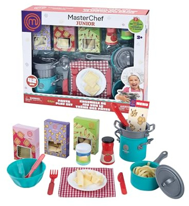 MasterChef Junior Pasta Set - Set de Preparación de Pasta con 42 Accesorios, Incluye Piezas de Fieltro, Salsas Imaginarias, Cacerolas y Más, Juego Imaginario Divertido y Educativo, Famosa (MTE04000)