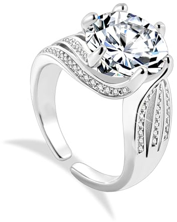 Engagement Ring Zirconia Sterling Silver Rings for Women, Hypoallergenic Open Ring with Cubic Zirconia CZ Diamond Ring Adjustable 925 Sterling Silver Wedding Anniversary Engagement Rings Women Lady