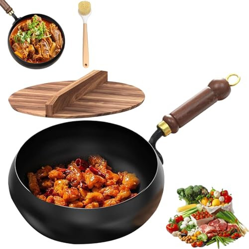 Japanische Eisenpfanne, Japanische Biennll Eisenpfanne Geschmiedet Mit Holzdeckel Ohne Beschichtung, Unbeschichtete Pfanne, Non-Stick Pan (24cm+Holzdeckel)