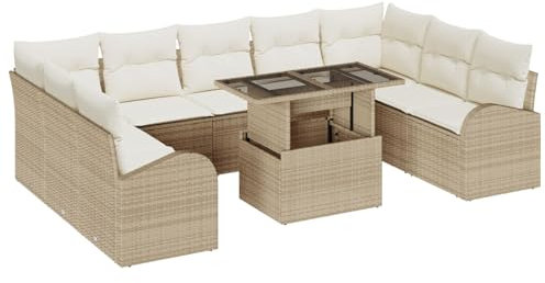 vidaXL 10-teiliges Garten-Sofa-Set mit Kissen | Beiges Polyrattan-Gartenmöbel, abnehmbar und großer Couchtisch, Platz für 9 Leute, perfekt für Terrasse oder Balkon, stapelbare Sitze