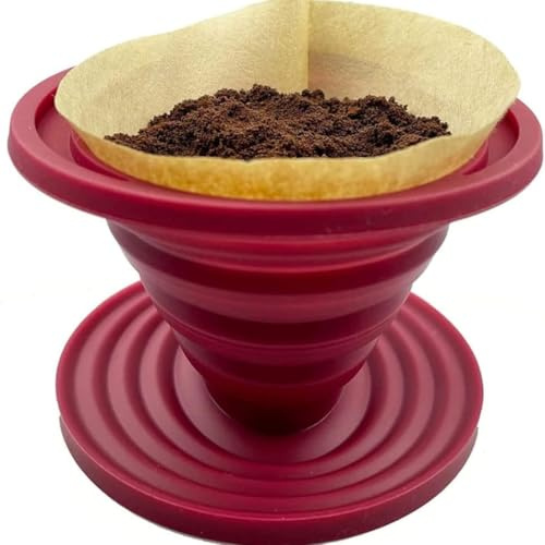 QUOLORA Collapsible Silicone Pour Over Coffee Dripper with 20 Filters – Reusable BPA-Free Coffee Maker for Camping, Travel, Home & Office – Portable Eco-Friendly Brewer (Red)
