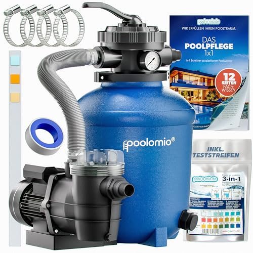 poolomio® Sandfilteranlage Pool bis 35.000l mit Vorfilter | HDPE-Sandfilterkessel Ø 330 mm & selbstsaugende Filterpumpe 10m³/h | Sandpumpenfilter mit 5-Wege-Top-Ventil 1 1/2 IG + NW Ø 38/32 mm