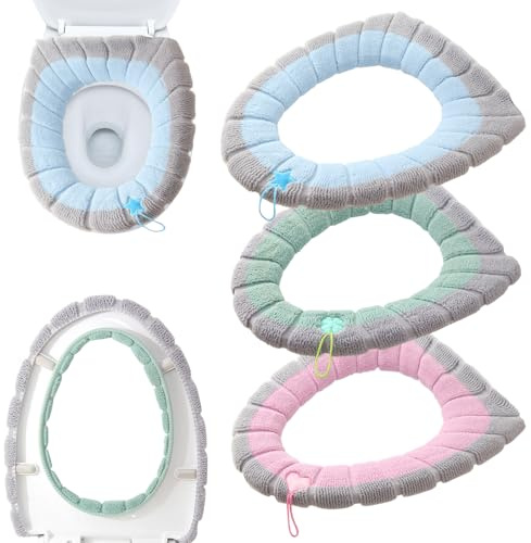 3PCS Toilet Covers, Winter Warmer Toilet Seat Cover with Handles, Bathroom Soft Washable Toilets Seat Cover Pads, Built-in Shaping Hose, Easy to Disassemble, Stretchable for Most Toilets