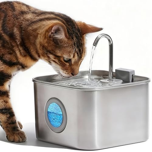 FUKUMARU Kattfontän i Rostfritt Stål, 3.2L, Automatisk Vattendispenser för Katter, Supersilent, Vatten Dispenser med Synlig Fönster och Kran. Lätt att Rengöra.