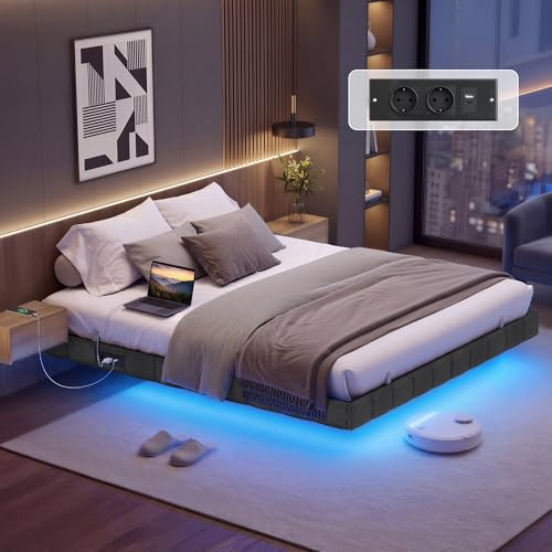 VASAGLE Bettgestell 180 x 200 cm, schwebender Effekt, LED-Beleuchtung, gepolsterte Seitenwände, 2 AC-Steckdosen, 2 USB-A-Anschlüsse, 1 USB-C-Anschluss, bis 500 kg belastbar, schiefergrau RMB168G101