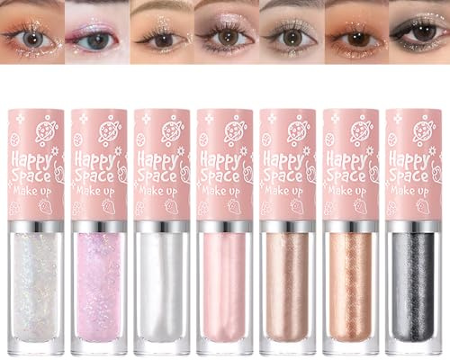 7 Pcs Liquid Eyeshadow Glitzer Flüssiger Lidschatten, Lidschatten Flüssig mit Funkelnder Glitzer Wasserdicht Langlebig Schnell Trocknend Geschenk für Frauen 7 Farben