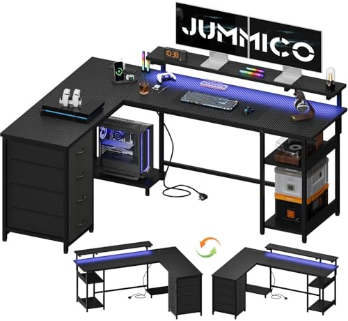 JUMMICO Scrivania Angolare a Forma di L 155 cm con Luci LED, Scrivania per Computer Ufficio Casa, Tavolo da Gaming con Ripiani Portaoggetti, Struttura Stabile e Design Reversibile, Nero