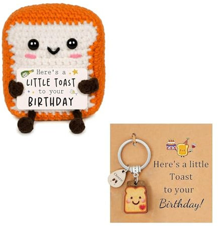 Zetrifoep Happy Birthday Gifts, Crochet Toast Plush Doll & Cute Toast Keychain, Unique Toasted Birthday Gifts for Women Men Friends Parents, Desk Decoration Keepsake for All Ages