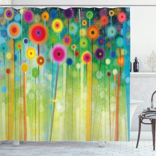 ABAKUHAUS Blumen Duschvorhang, Abstrakte Kunst Löwenzahn, Stoffliches Gewebe Badezimmerdekorationsset mit Haken, 175 x 180 cm, Grün Magenta