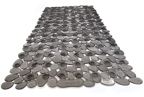 TIKE SMART “Pebbles” Non-Slip Bathtub/Shower Mat 27.5”x14” Rectangular, Non-Toxic, Safe, Clean, Machine-Washable, Superior Grip & Drainage, Vinyl, for Smooth Floors ONLY, Transparent Gray