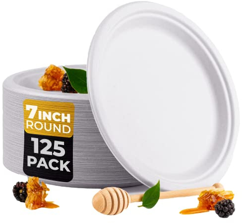 Beeleeve Einweg-Pappteller, 17 cm, 100 % kompostierbar, rund, Bagasse, biologisch abbaubare Zuckerrohrfaser, starkes, robustes Design, nachhaltig und lebensmittelecht, Weiß, 125 Stück