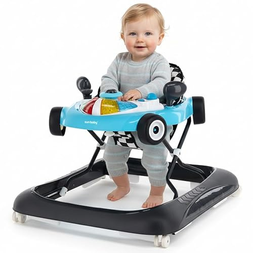 Sun Baby Lauflernhilfe Gehhilfe für Baby Walker, Automotiv interaktiv und faltbar mit Sicherheitsstopper, Tasten, Lichtern und Sound ab 6 Monaten (Blau)