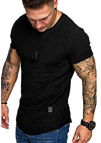 Shownicer T-Shirt Homme Crew Neck Classics Manches Courtes Slim Fit Décontractés Monochrome Oversize Fitness Sport Stretch Top