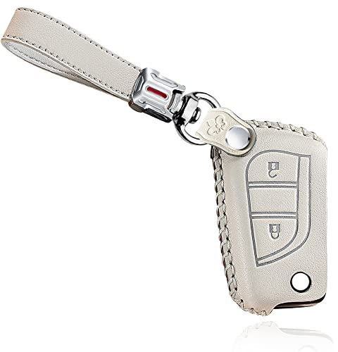 HIBEYO Autoschlüssel Hülle passt für Toyota Leder Schutzhülle Klappschlüssel Cove für Toyota Aygo Yaris Citroen C1 für Peugeot 108 Fernschlüssel Flip Schlüsselgehäuse Schlüsselbox-A2Tasten Weiß