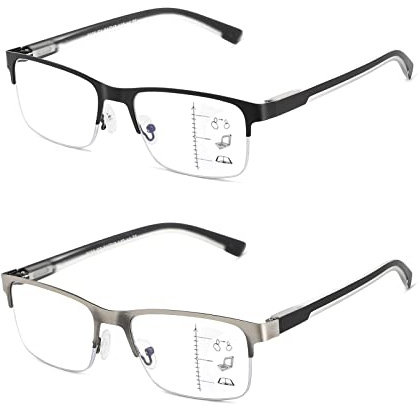 Multifocus Reading Glasses Men Progressive Multifocal Blue Light Computer Reader Half Frame Metal Extra Wide Eyeglasses No Line Bifocals Large Designer Cheaters Transition Square Eyewear 2packs 2.00