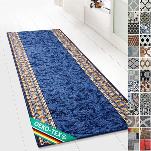 KARAT Moderner Wohnteppich mit Muster - maßgefertigter Teppichläufer - Meterware - Teppich Läufer für Küche, Flur & Wohnraum - Flurteppich - Küchenläufer (80 x 450 cm, Rügen Blau)