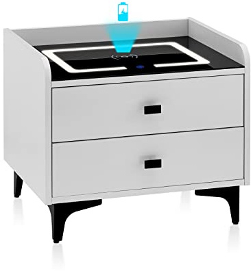 TUKAILAi White Bedside Table with 2 Drawers, Unique Smart Bedside Table with Wireless Charging Adjustable LED Lights High Gloss Nightstand Cabinet for Bedroom Home Office
