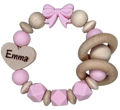 Tanja Schulz Shop | Greifring Motorikspielzeug Greifling Rassel | Geschenk zur Geburt | Babygeschenk | aus Holzperlen | personalisiert mit Namen