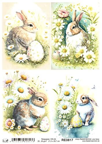 Josys Bastelmärchen Reispapier A4 Strohseide Decoupage Osterhase Ostern Osterkarte Eier Blume RE0817