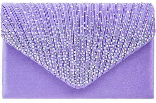 A2ZUKFASHION Pochette da donna, in raso, con strass, per feste, balli, feste, feste, feste, serate, per matrimoni, Lilla