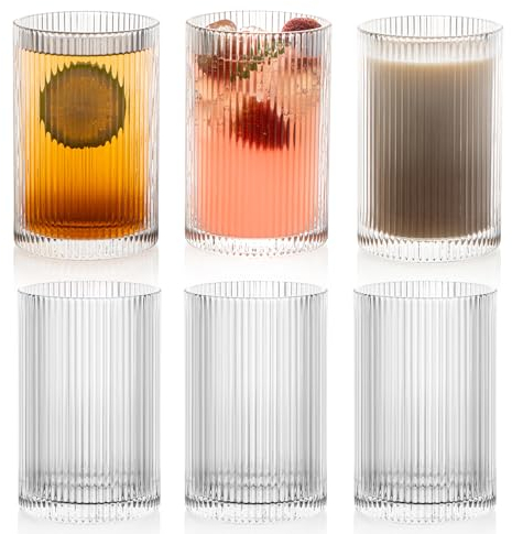 POLIDREAM Vintage Ribbed Glassware Set: 6pcs 16.9oz Drinking Glasses, Fluted Ripple Drinkware, Origami Style, Elegant Glassware for Whiskey, Cocktail, Iced Coffee, Juice, Beer, Soda
